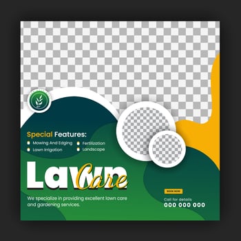 Organic food and agriculture service for social media cover or post design template, modern lawn mower garden, or landscaping service with green gradient background and abstract yellow color shape vector