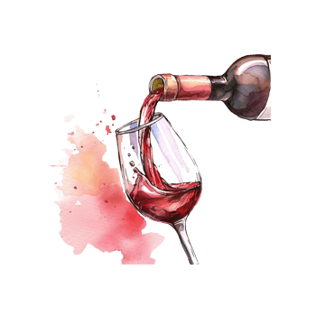 A bottle of wine is elegantly pouring a stream of wine into a sparkling glass. Watercolor style illustration. Ai illustration. png