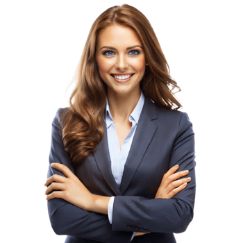 A confident businesswoman in a suit smiles with arms crossed, ready for success png