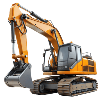 Bright yellow excavator on tracks, ready for heavy-duty digging at a construction site during the daytime png