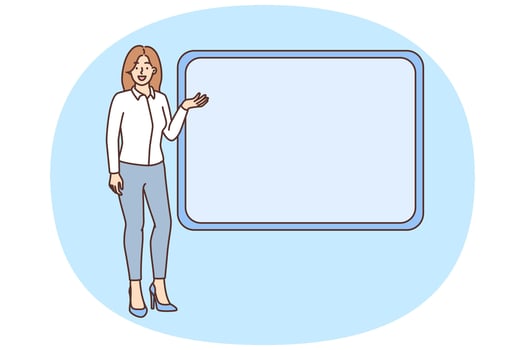 Smiling woman present near mockup board vector