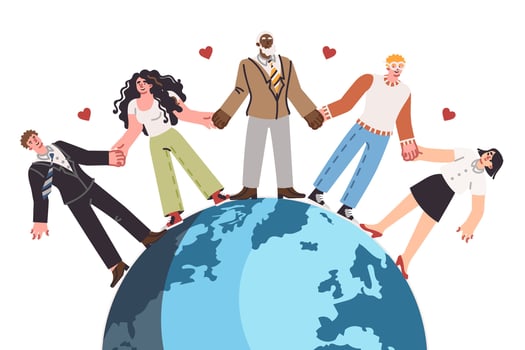International friendship among people holding hands, standing on globe and calling for peace vector