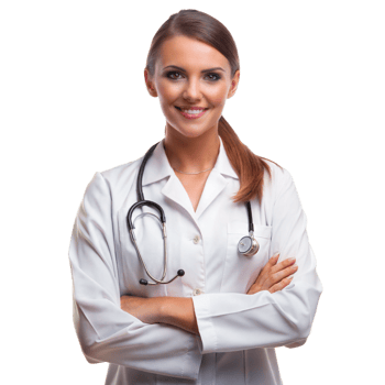A woman in a white lab coat is smiling and holding a stethoscope png