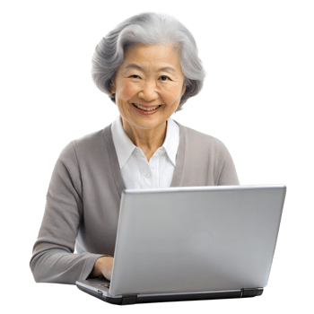 A woman is sitting at a table with a laptop in front of her png