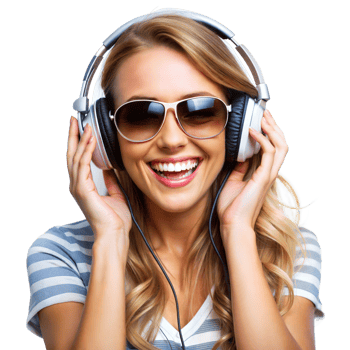 A woman wearing sunglasses and headphones is smiling png