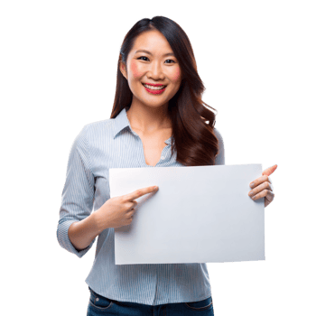 A woman is holding a white sign and pointing to it png