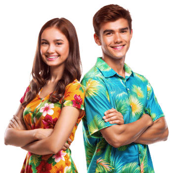 A young man and woman are posing for a photo in Hawaiian shirts png