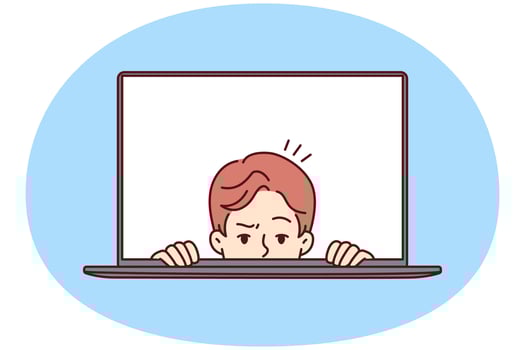 Man with frightened face looks out of laptop screen for concept of non-professional work on Internet vector