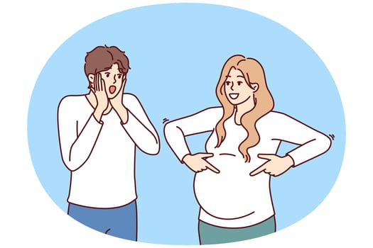 Shocked man is surprised to see pregnant woman and does not want to become father vector