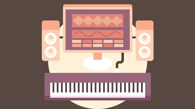 Music recording studio with audio mixer vector