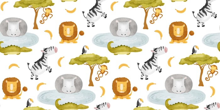 Cute baby African jungle animals Lion, zebra, crocodile, hippo, monkey, toucan. toucan. Watercolor seamless pattern. Safari Print for design kid's goods, cards, fabric, scrapbook, office supplies vector