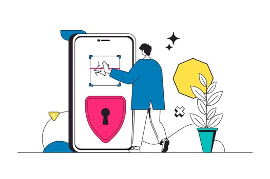 Biometric control outline web concept in modern flat line design. Man unlocking mobile phone with password access and face recognition system, touch screen for fingerprint id. illustration vector