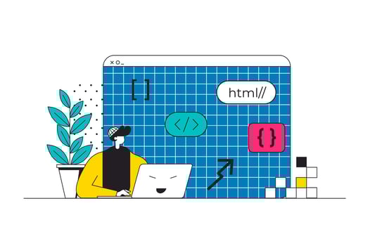 DevOps outline web concept in modern flat line design. Programmer coding and working at project, connecting with administration manager for collaboration and integration practice. illustration vector