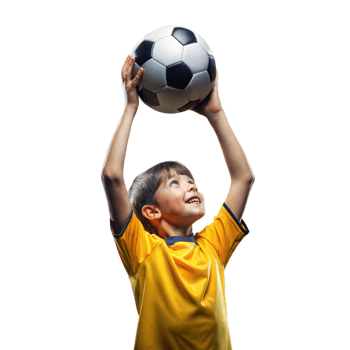 Young Boy in Yellow Soccer Jersey Holding Ball Overhead png
