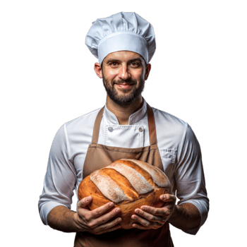 Happy Baker Holding Freshly Baked Bread in Commercial Kitchen png