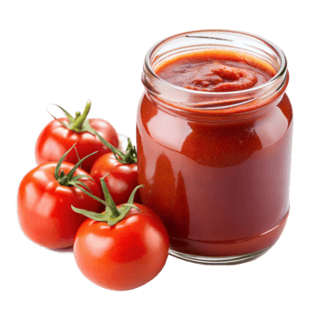 A glass jar of rich tomato sauce placed next to fresh vine tomatoes, presented on a checkerboard transparent background png
