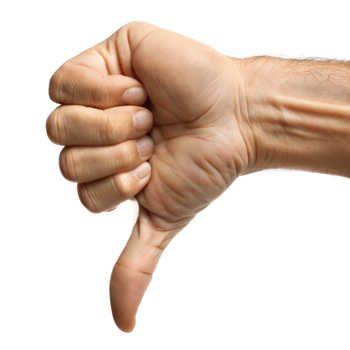A close-up view of a hand showing a thumbs-down gesture with a transparent background png