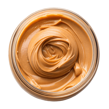 Close-up view of creamy peanut butter swirled inside a glass jar against a transparent background png