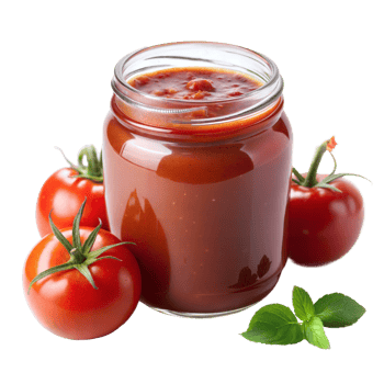 A glass jar filled with red tomato sauce, placed next to fresh tomatoes and basil leaves on a transparent background png