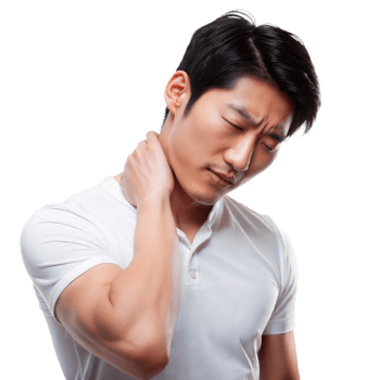 Young adult male in casual clothing rubbing his neck expressing discomfort or pain png