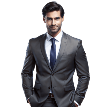 Professional young man in a stylish suit standing with hands in pockets png