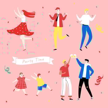 Colorful doodle of people partying on pink background with confetti vector