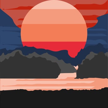 Sunset Over Mountains and Ocean in Abstract Flat Illustration vector