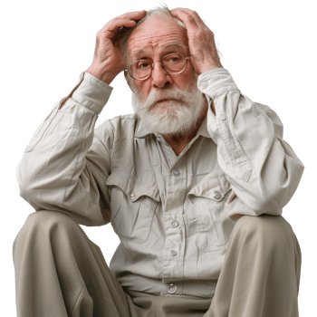 Old man forgetting with hands holding head, transparent background png