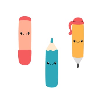 School supplies illustration. Educational characters pen, pencil, marker. Office stationery elements. Cute funny doodle style writing and drawing objects vector