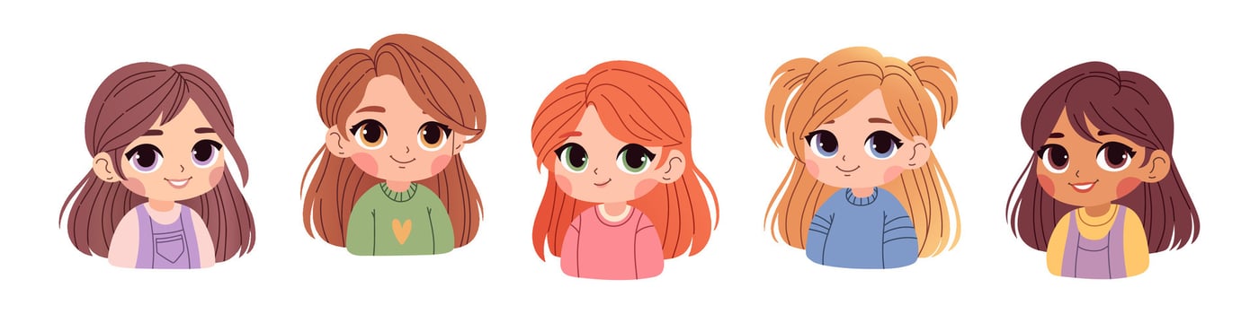Cute cartoon little girl set with different hair color on a white background isolated. Trendy style. Print for tshirt vector