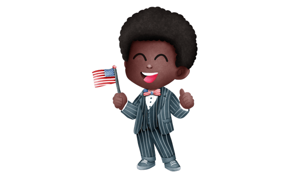 Cute American patriot boy in a 4th of July dressed, Hand holding a flag. png