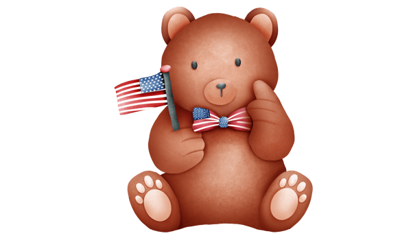 Cute Bear in a 4th of July dressed, Hand holding a flag. png