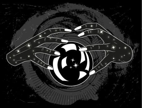 Hand drawn illustration with magic crystal ball in hands of fortune teller. Tattoo, poster or altar design print concept, esoteric, wicca and gothic background vector