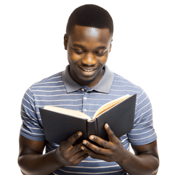 A young man in a striped shirt is happily reading a book png