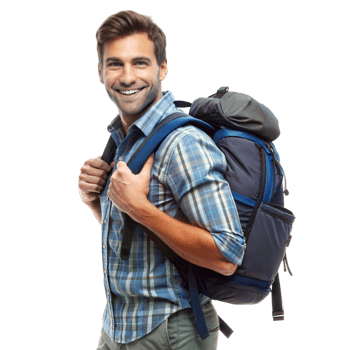 Smiling young man carrying a large hiking backpack, ready for an outdoor adventure, wearing a blue plaid shirt png