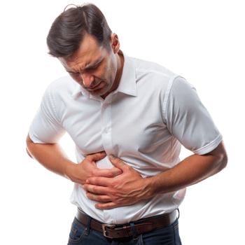 A man wearing a white shirt and jeans clutches his stomach, appearing to be in significant pain png