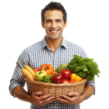 Smiling man holding a basket of fresh vegetables and bread, wearing a checkered shirt png