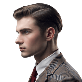 A young man with a stylish haircut poses in a vintage suit against a transparent background png