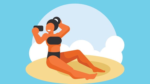 woman in swim suit at beach taking selfie vector