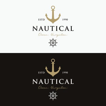 Yacht rudder logo template design with sea waves, rope and vintage anchor. Logo for business, sailor, sailing. vector