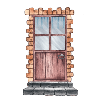 Retro door. Vintage wooden door with stone steps. A watercolor illustration made by hand. Highlight it. A design element for home, children's games, postcards and decor. png