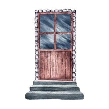 The door is retro. Vintage wooden door with a window and steps. A watercolor illustration made by hand. Highlight it. A design element for home, children's games, postcards and decor. png