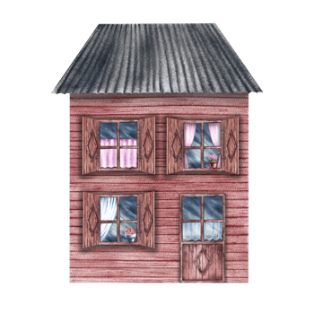 An old village house. Fabulous, wooden two-storey house in vintage style. The watercolor illustration is made by hand. Highlight it. For prints, children's games, postcards, packaging, scrapbooking. png
