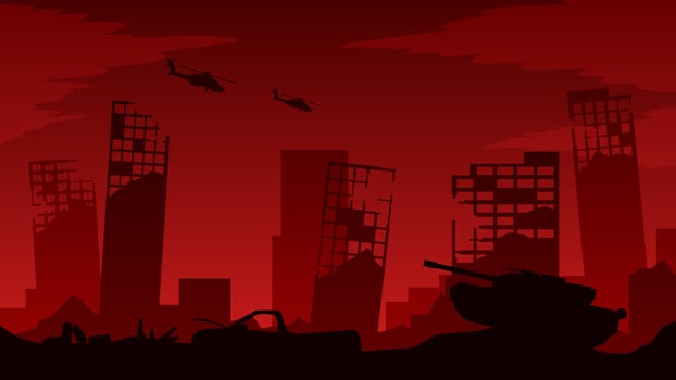 Landscape illustration of destroyed city at military battlefield vector