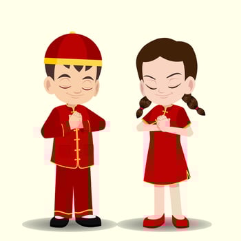 cute young boy and girl in Chinese traditional clothes celebrating Chinese New Year greeting and wished vector