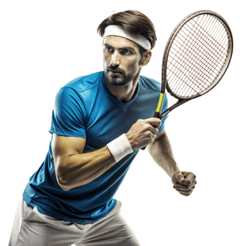 A determined tennis player in a blue shirt prepares to return a shot, with a focused expression and ready stance png