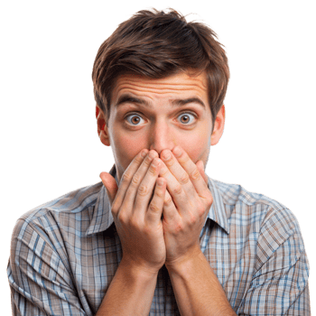 Young man in plaid shirt covers his mouth with both hands, eyes wide open in surprise, against a transparent background png