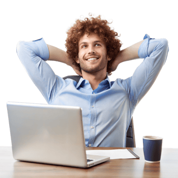 A smiling man with curly hair leans back in his chair, hands behind head, next to a laptop and coffee cup png