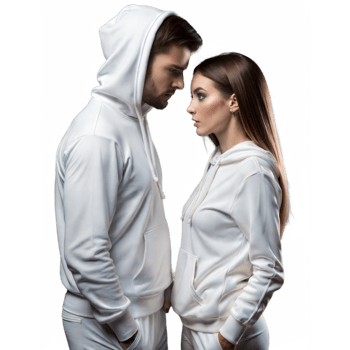 A man and woman in white hoodies stand face to face png