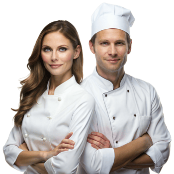 Two chefs in white uniforms pose confidently with arms folded png